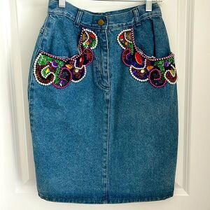EREZ Vintage Handmade Hong Kong Denim Skirt Beaded Sequins 1 of a Kind Sz 6/8